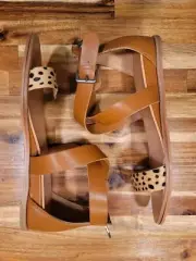 Dolce Vita Real Cow Fur Leopard Casual HookLoop Strap Brown Sandal Size 7 NEW
