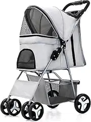 BAMFY Double Decker Dog Stroller, Portable Pet Stroller for Cat and Dog with Cup Holders, Breathable Mesh Foldable Cat Stroller for Travel Camping(Grey)