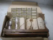 Vintage Wood Spice Rack with 6 Glass Apothecary Spice Jars & labels 60's Japan.