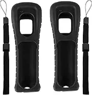 Jadebones 2X Black Silicone Skin Case Cover with Wrist Strap for Nintendo Wii Remote Controller