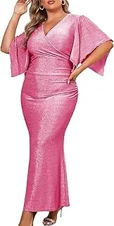 [ZOMVA] Plus Size Maxi Sparkly Dress Formal Evening Gown Cocktail Prom Glitter V-Neck Wrap Handkerchief Sleeves, Hot Pink, Large Plus