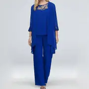 Mother of The Bride Pant Suits 3Pcs Women Wedding Formal Outfit Set Chiffon Evening Gown Plus Size blue 3XL