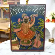 Hand Painted Pichwai Art Panel – Lord Krishna with Flute – 16x24" Hindu Decor