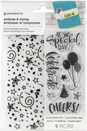 Momenta Party Time Confetti Emboss Folder & 8Pc Clear Stamp Set Celebrate Cheers