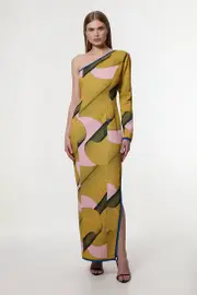 Amelia Graham Petite Printed Cady One Shoulder Maxi Dress