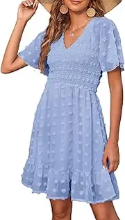 [Generic] Women's Summer Fall Smocked Dress Short/Long Sleeve Casual Swiss Dot or Floral Print V Neck Mini Dress