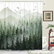[Accnicc] Green Misty Forest Shower Curtain Ombre Sage Green White Mountain Pine Tree Waterproof Fabric Shower Curtains for Bathroom Nature Woodland Decorative Modern Bath Curtain Decor 72×72 Inches