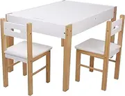 Keezi 3pcs Kids Table and Chairs, Children Study Set Drawing Eating Painting Learning Activity Play Centre Furniture Setting 2 Chair, MDF Hidden Desktop Storage Chalkboard Pine Wood Legs White