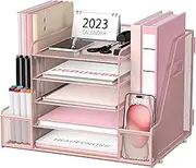 SUPEASY Mesh Desk Organizer with File Holder, 5-Tier Paper Letter Tray Organizer and Magazine Holder, Desktop Storage for Office Supplies, Home or School, Pink