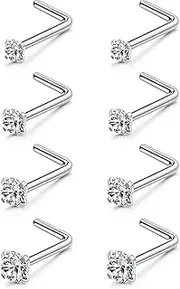 [Sanfenly] 8PCS Nose Rings Studs Titanium Nose Rings 20G/18G Corkscrew Nose Ring L Shape Nose Studs Diamond CZ Silver Gold Nose Screw Rings Studs Hypoallergenic Nose Piercing Jewelry 1.5mm 2mm 2.5mm 3mm