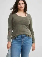 Torrid Cotton Modal Rib Scoop Neck Crochet Long Sleeve Top Olive Plus 2X NWT
