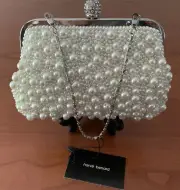 Harve Benard Evening Bag Faux Pearl Clutch w/ Chain Strap Crystal Clasp NWT