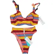 SEAFOLLY Womens Size 6 Baja Stripe F CUP Halter bra Two Piece Bikini NEW + TAGS