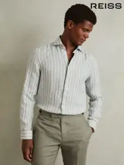 Reiss Sage Stripe Ruban Linen Button-Through Shirt (K95890) | $195