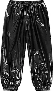 [Sinleey] Unisex Boys Shiny Metallic Dance Harem Pants Athletic Jogger Pants Jazz Hip Hop Street Dancewear
