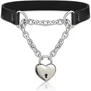 [Alona Magic] Goth Choker Necklaces for Women, Black Choker and Heart Padlock Day Collar with Key, Black PU Leather Choker Collar for Women