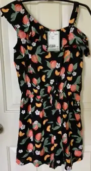 NWT- H&M Black Shorts Romper Peaches Blossoms & Slices 1 Shoulder Ruffle sz 18