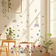 Bunny Flower Rainbow Wall Decal，Easter Rabbit Art Decorations Decor，Cute Pink Bunny Butterfly Wall Stickers, Removable Vinyl Peel and Stick，for Nursery Baby Bedroom Playroom Living Room Murals