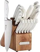 Sabatier 15-Piece Forged Triple Rivet Knife Block Set, High-Carbon Stainless Steel Kitchen Knives, Razor-Sharp Knife Set with Acacia Wood Block, White Handles