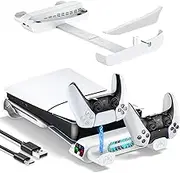 Tokluck PS5 Slim/Pro Cooling Stand Compatible with PlayStation 5 Pro/Slim Disc & Digital Console, PS5 Stand with Dual Controller Charger and 3-Level Cooling Fan, PS 5 Horizontal Station Accessories
