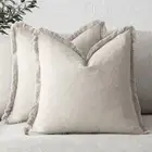 Set of 2 Decorative Linen Fringe Throw Pillow Covers Cozy Farmhouse Boho Cush...