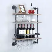 24in Pipe Shelf Wine Rack Wall Mounted 5 Stem Glass Holder Real Wood Wine Shelve