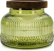 Decorative Green Glass Jar with Airtight Wooden Lid 25.4 oz, Wide Mouth Vintage Kitchen Food Storage Container for Cookie Candy Honey Flour Spice Coffee Tea, Home Decor Sand Candle Holder Vase