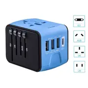 Universal International Travel AC Power Adapter Plug 3 USB+ Type C Charger Blue