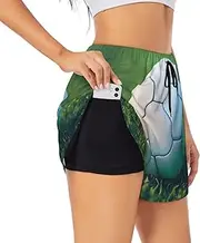 [GaxfjRu] Green Soccer Ball On Grassy Print Women's Running Shorts High Waisted Running Shorts Pocket Sporty Gym Elastic Short