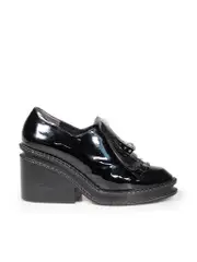 Black Patent Leather Fringe Heeled Loafers