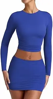 [YFANG] Women's Sexy Two Pieces Pencil Mini Skirt Set Long Sleeve Crew Neck Crop Top Short Bodycon Skirt Outfits