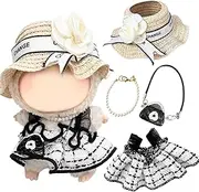 4 Pcs Doll Clothes Compatible with Labubu 17cm Plush Dolls，Elegant Doll Clothes Accessories Set with 1 Classic Check Dress 1 Straw Fabric Hat 1 Necklace, 1 Floral Bag for Girls Birthday, No Doll