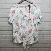 Buffalo David Bitton Top Women's Medium White Floral Print Front Tie Blouse NWT