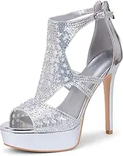 [yowmns] Women's Rhinestone High Heel Platform Sparkling Sandals Zipper Open Toe Pumps Shoes for Party Evening
