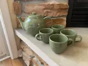 Longaberger Woven Traditions Sage Green Lidded Teapot & Mugs Cups 6oz Set Of 4