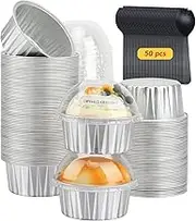 Cupcake Liners with Dome Lids 50 Pack,Free-Air 5oz Aluminum Foil Baking Cups Muffin Tin,Souffle Dessert Pudding Ramekin Holders for Individual Bakery Wedding Birthday Party,with 50 Spoons-Silver
