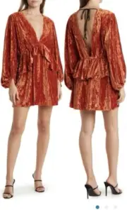 Topshop balloon sleeve velvet mini dress size 2 terracotta NWT