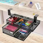 SRJZMLY Under Desk Drawer Organizer No Drill Metal Under Desk Storage Drawer Container 2 Slide Out Cabinet Drawer Suitable for Home And Office (Medium)
