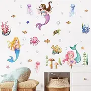Underwater Mermaid Wall Decals, Ocean Theme Wall Decals Sea Creatures Turtle Wall Stickers Bathroom Girls Bedroom Baby Nursery Wall Decor