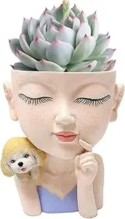 Pot Heads for Plants | Girl and Dog Face Planter Pots - Plant Pot Face Planter Pots for Plants Lady Face Pots with Drainage Hole Wynott