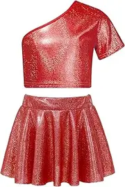 [Jugaoge] Kids Girls Shiny Metallic Jazz Hip Hop Street Dance Costume Outfit Single Shoulder Crop Top with Skirt Set