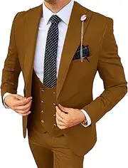 [JEShifangjiusu] Men's 3 Piece Suit Jacket One Button Single Breasted Tuxedo Blazer Formal Wedding Groomsmen Sport Coat Slim Fit Prom Suits Set with Vest Pants, Brown, XXL