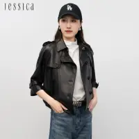 在飛比找momo購物網優惠-【JESSICA】帥氣百搭肩章風衣型短版皮衣233Z02（黑