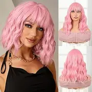 QUEENTAS Pink Bob Wigs for Women Loose Wavy Wig Pastel Wavy Shoulder Length with Bangs Bob Synthetic Cosplay Hair Wig for Girl