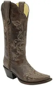 CORRAL Women's Floral Whip Stitch Studded Cowgirl Boot Snip Toe - G1129
