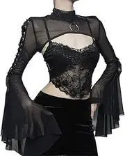 [XCJIKUKE] Women Goth Tops Punk Cover Ups Mesh Crop Top See Through Sexy Long Sleeve Blouse Y2k Black Rave Outfit Festival