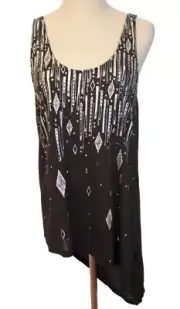 Sass & Bide Size S 10 Black Silver Metallic Beaded Longline Singlet Tank Top NWT