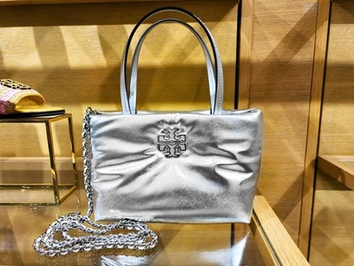 Tory Burch Britten Metallic Silver Puffy Mini Tote Crossbody Purse 171345