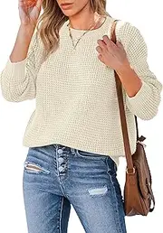 [MEROKEETY] Women's 2024 Long Sleeve Waffle Knit Sweater Crew Neck Solid Color Pullover Jumper Tops