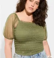 Torrid Olive Dot Mesh Square Neck Smocked Crop Top Size 1 14-16 Elbow Sleeve I32